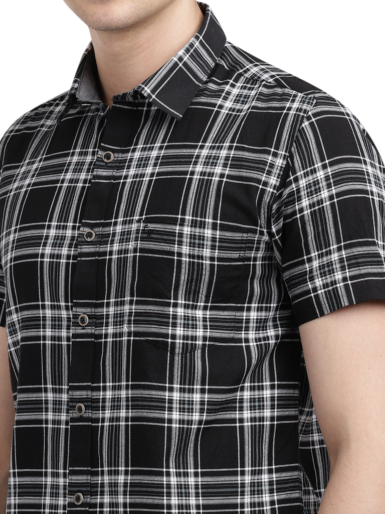 Model wearing Clarke Gable's Dark Black With White Checked Casual Shirt in a casual setting