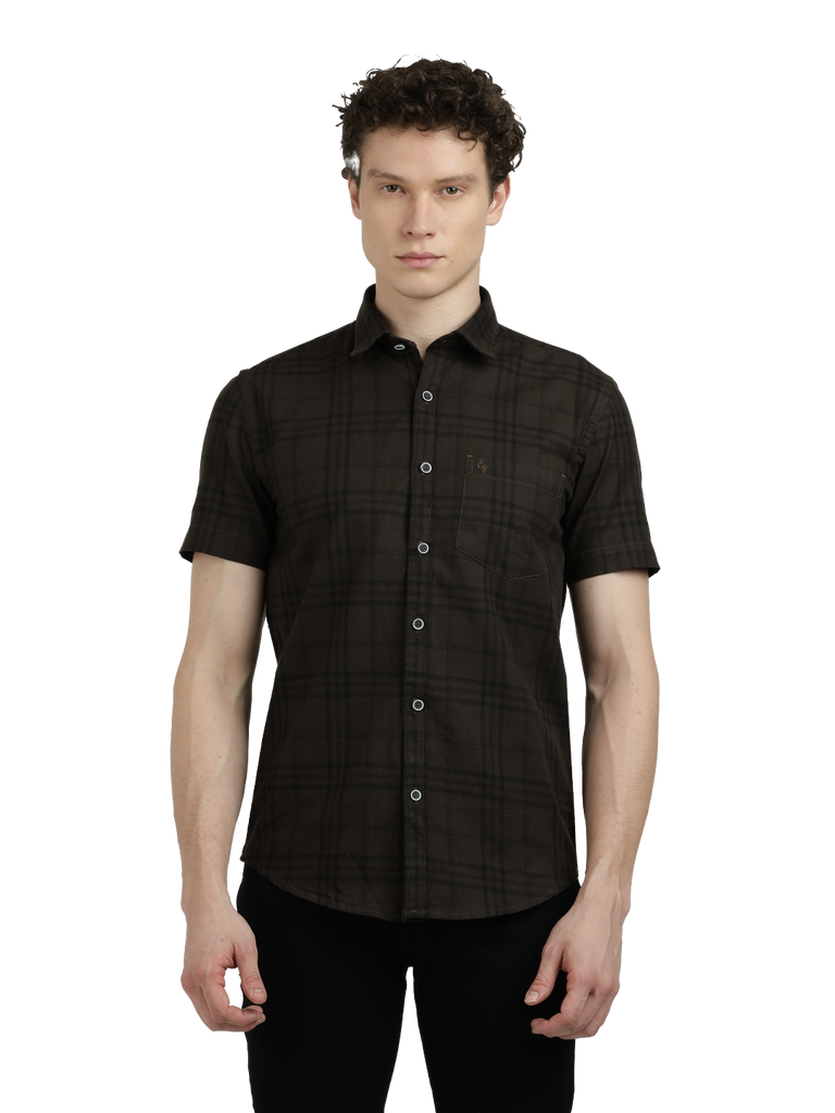 Model wearing Clarke Gable's Dark Brown Checked Semi Casual Shirt in a casual setting