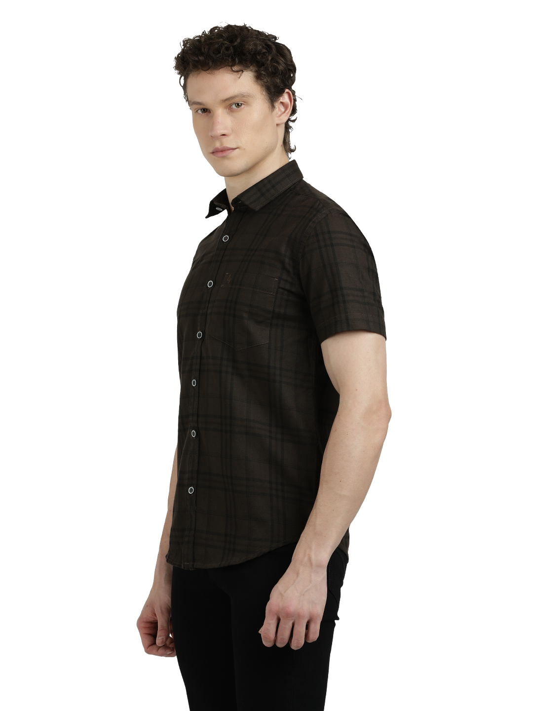 Model wearing Clarke Gable's Dark Brown Checked Semi Casual Shirt in a casual setting