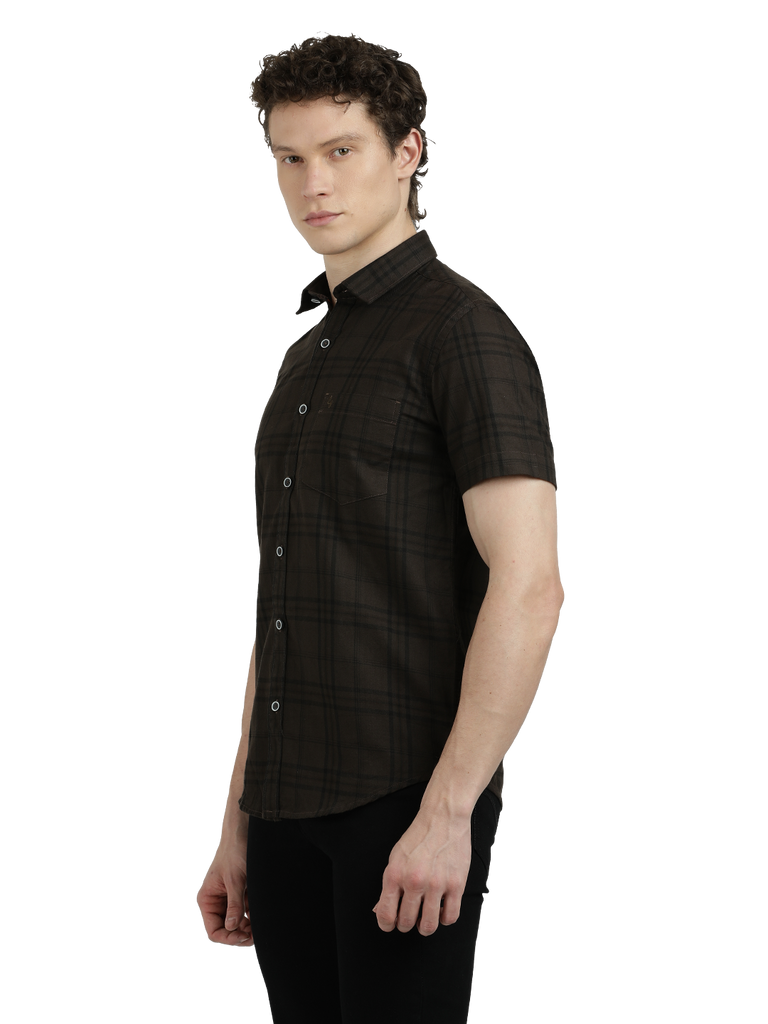 Model wearing Clarke Gable's Dark Brown Checked Semi Casual Shirt in a casual setting