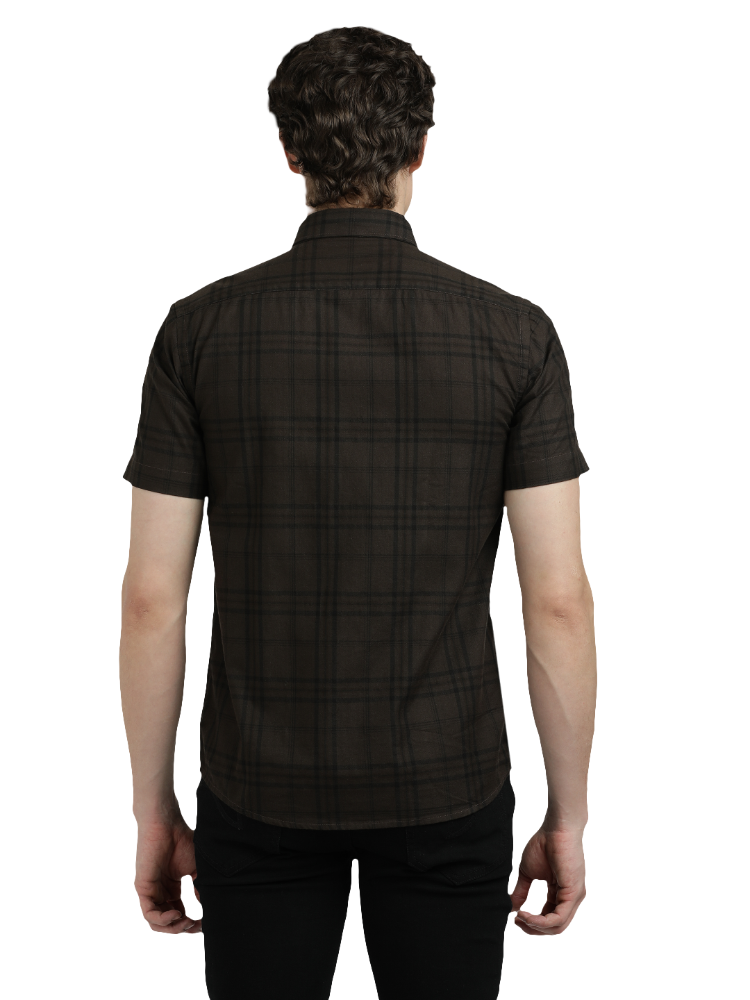 Model wearing Clarke Gable's Dark Brown Checked Semi Casual Shirt in a casual setting