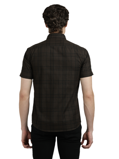 Model wearing Clarke Gable's Dark Brown Checked Semi Casual Shirt in a casual setting