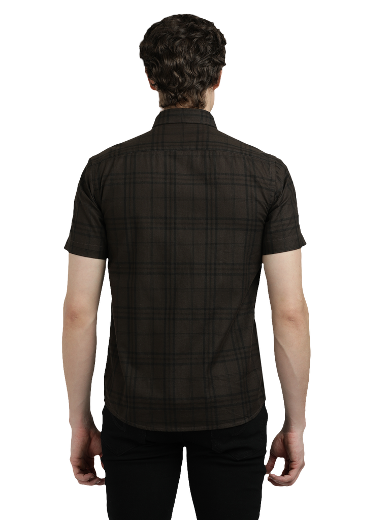 Model wearing Clarke Gable's Dark Brown Checked Semi Casual Shirt in a casual setting