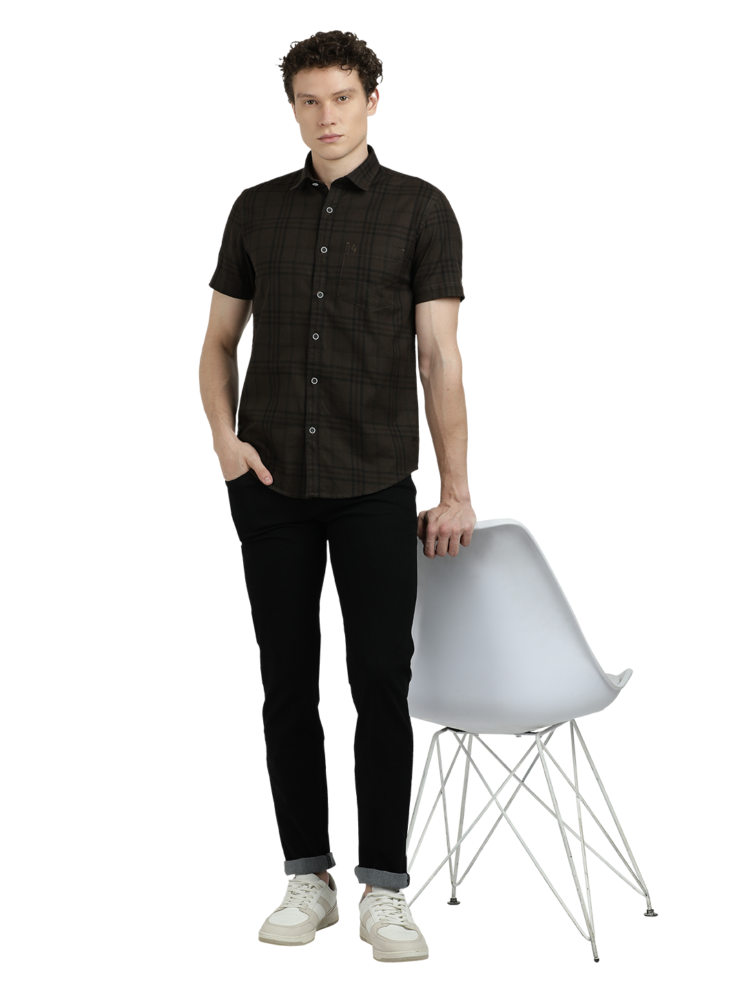 Model wearing Clarke Gable's Dark Brown Checked Semi Casual Shirt in a casual setting