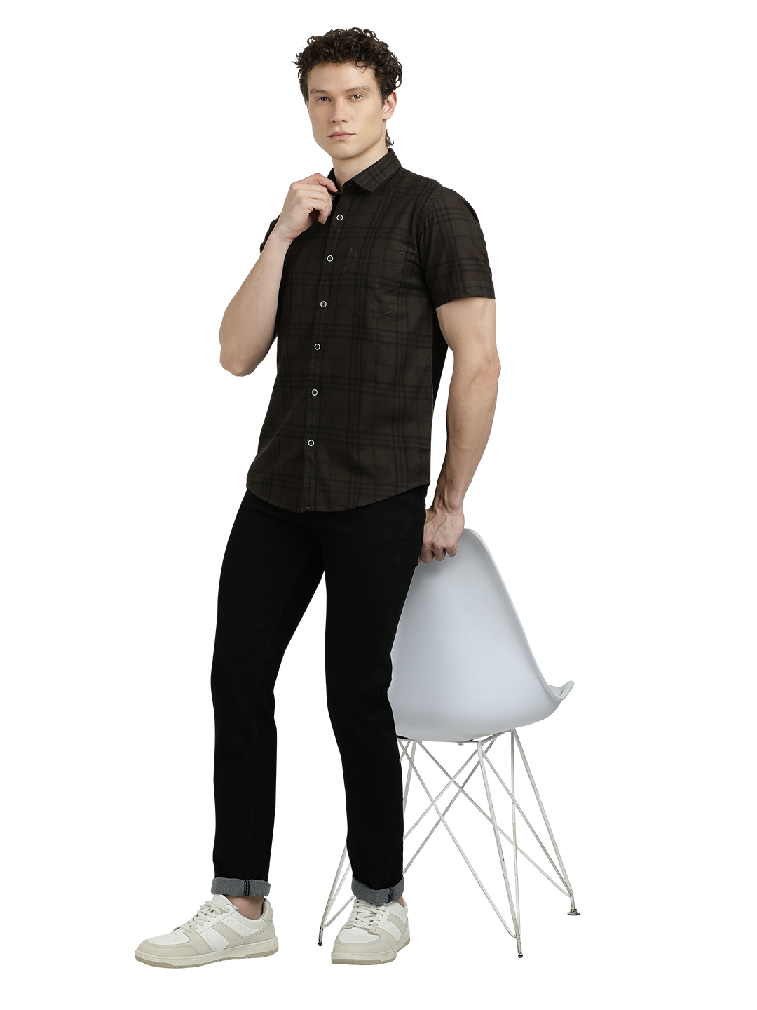 Model wearing Clarke Gable's Dark Brown Checked Semi Casual Shirt in a casual setting