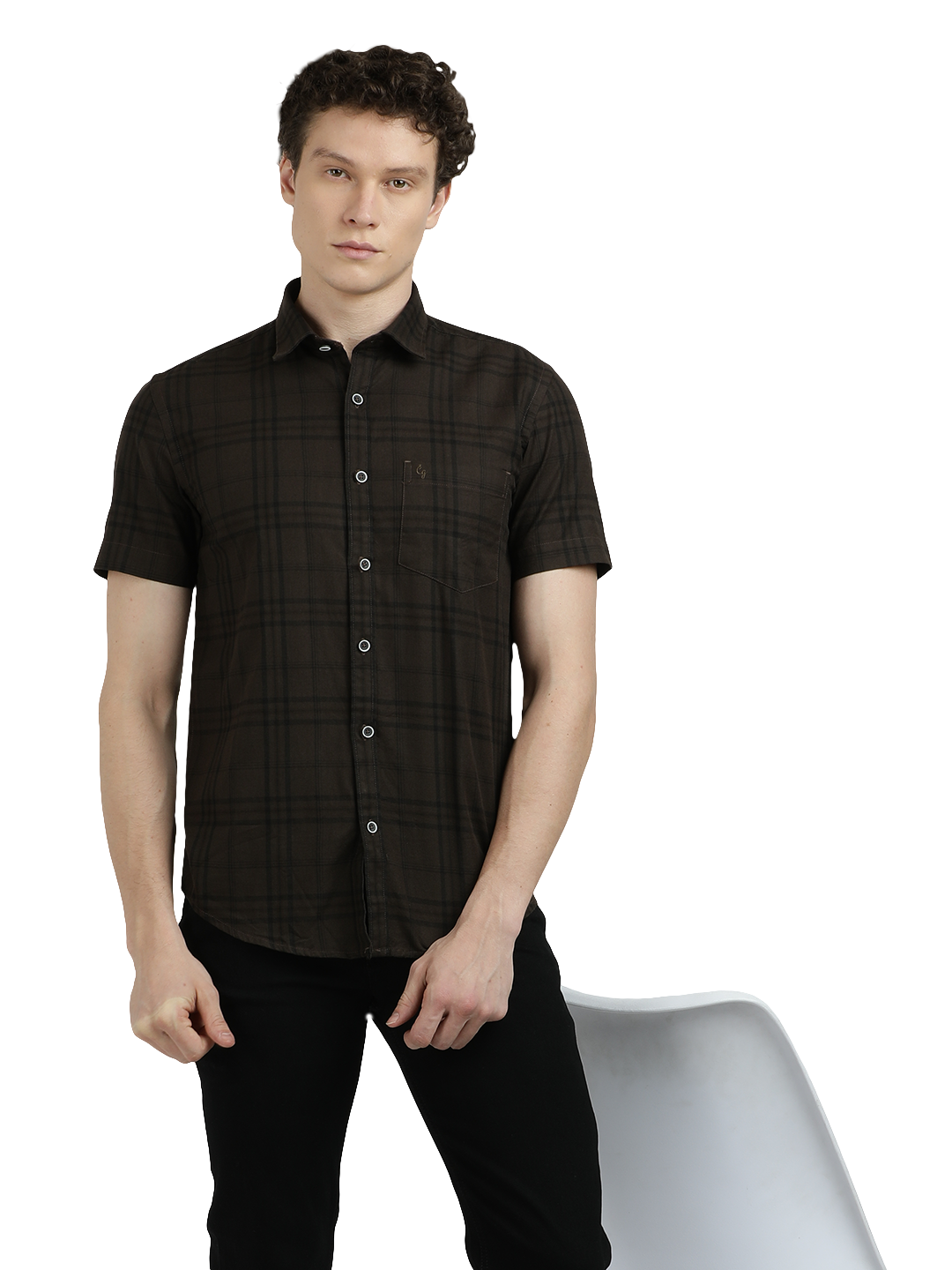 Model wearing Clarke Gable's Dark Brown Checked Semi Casual Shirt in a casual setting