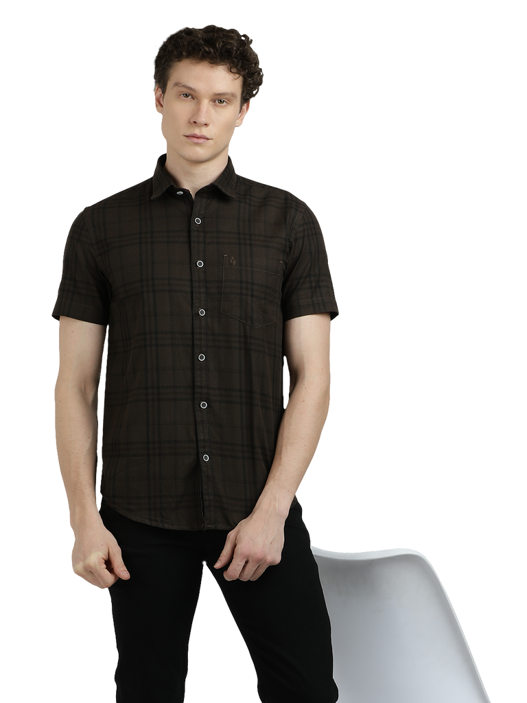 Model wearing Clarke Gable's Dark Brown Checked Semi Casual Shirt in a casual setting