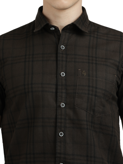 Model wearing Clarke Gable's Dark Brown Checked Semi Casual Shirt in a casual setting