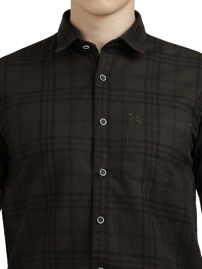 Model wearing Clarke Gable's Dark Brown Checked Semi Casual Shirt in a casual setting