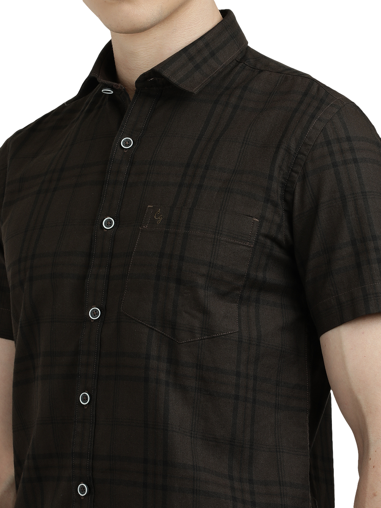 Model wearing Clarke Gable's Dark Brown Checked Semi Casual Shirt in a casual setting