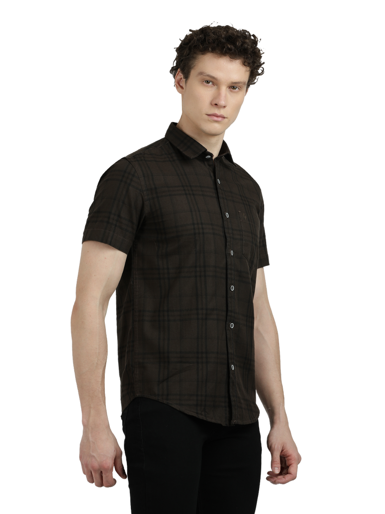 Model wearing Clarke Gable's Dark Brown Checked Semi Casual Shirt in a casual setting