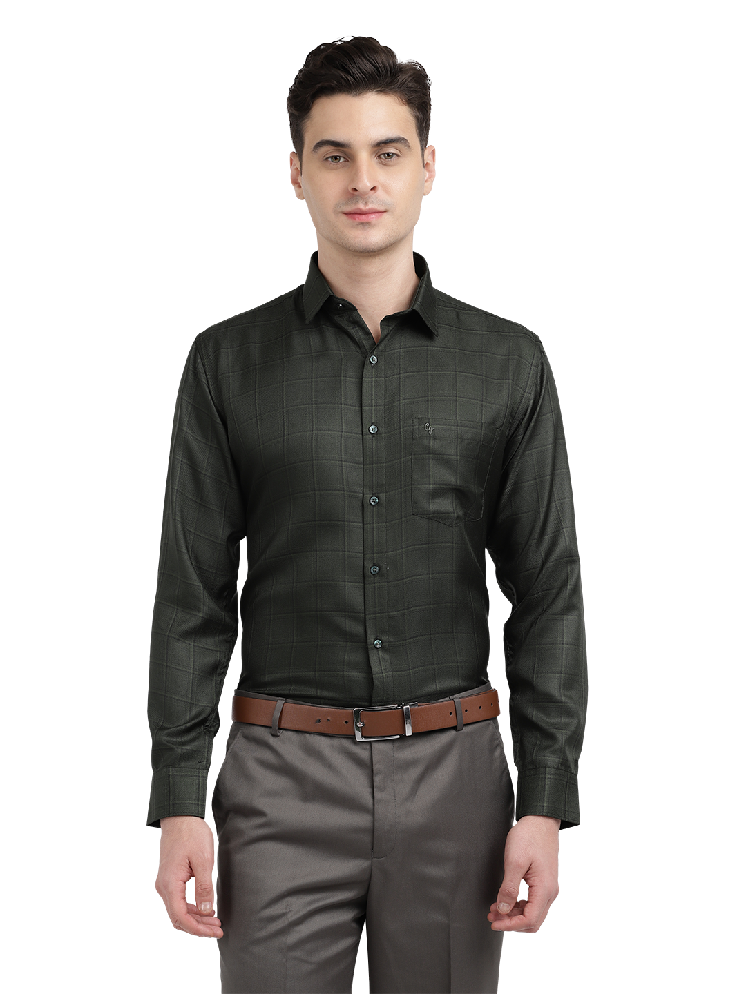 Model wearing Clarke Gable's Dark Green Checked Formal Shirt in a casual setting