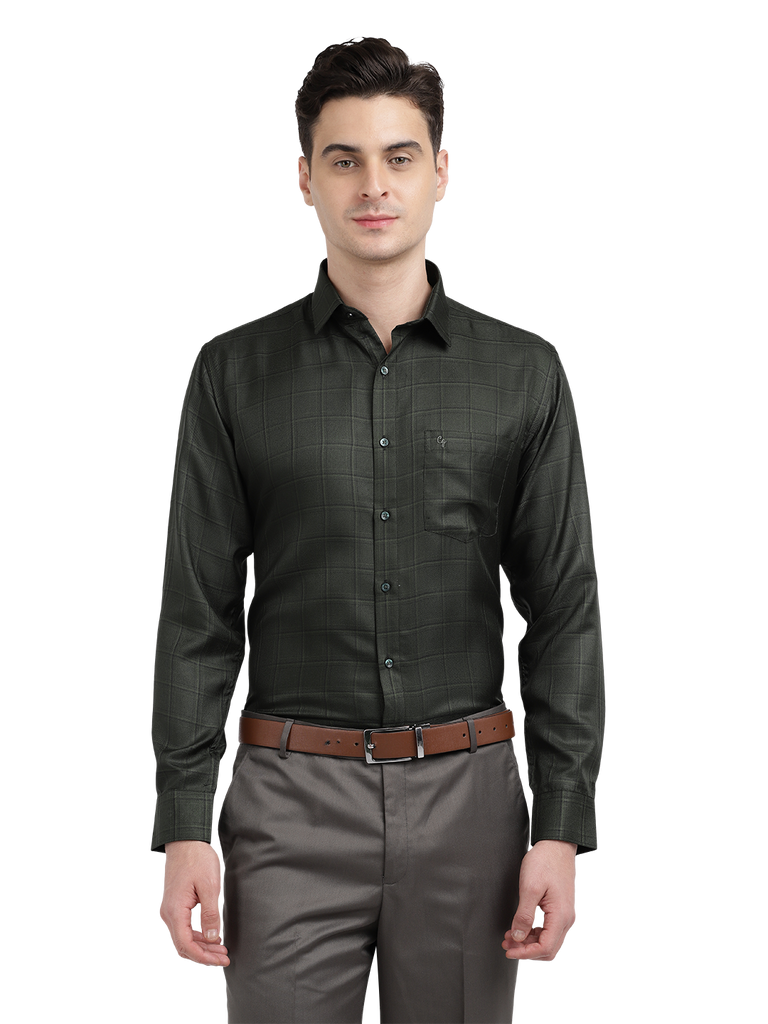 Model wearing Clarke Gable's Dark Green Checked Formal Shirt in a casual setting