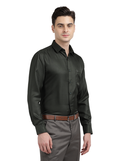 Model wearing Clarke Gable's Dark Green Checked Formal Shirt in a casual setting