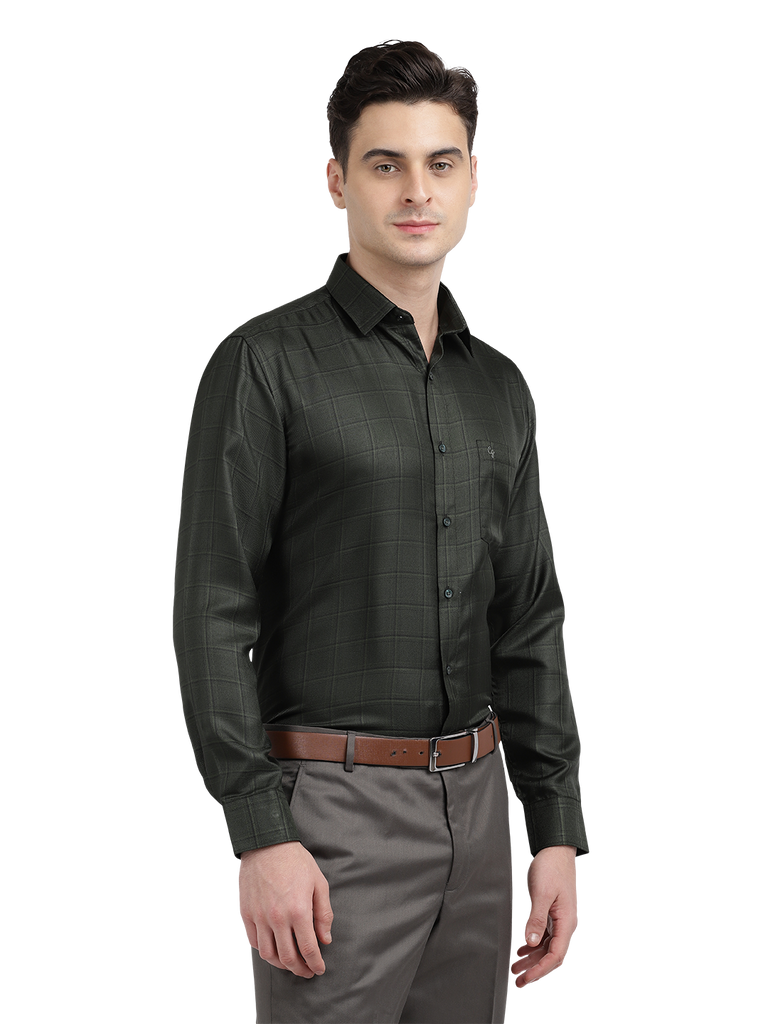 Model wearing Clarke Gable's Dark Green Checked Formal Shirt in a casual setting