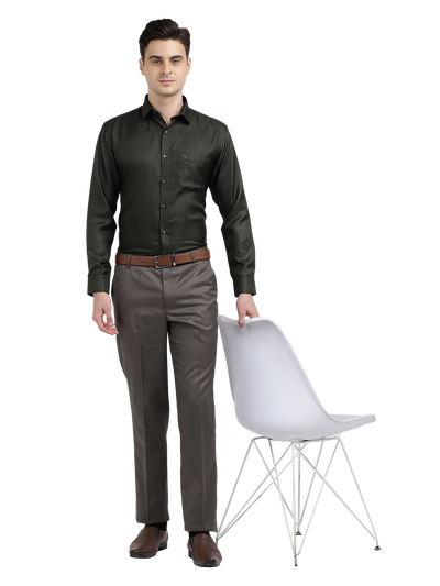 Model wearing Clarke Gable's Dark Green Checked Formal Shirt in a casual setting