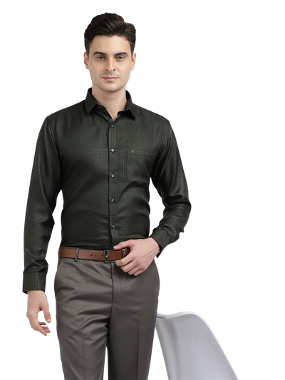 Model wearing Clarke Gable's Dark Green Checked Formal Shirt in a casual setting