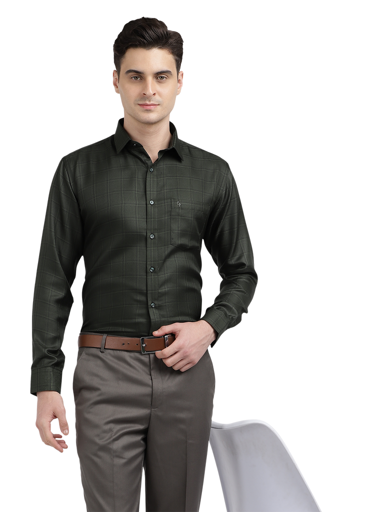 Model wearing Clarke Gable's Dark Green Checked Formal Shirt in a casual setting