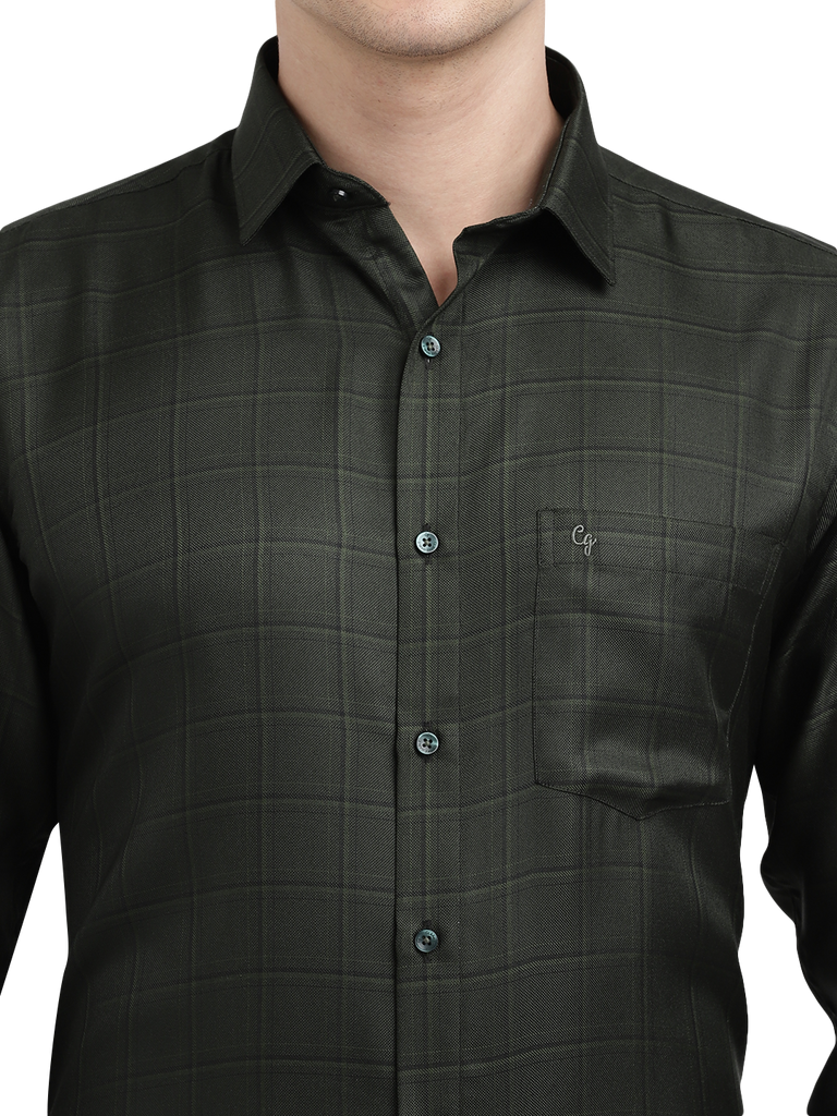 Model wearing Clarke Gable's Dark Green Checked Formal Shirt in a casual setting