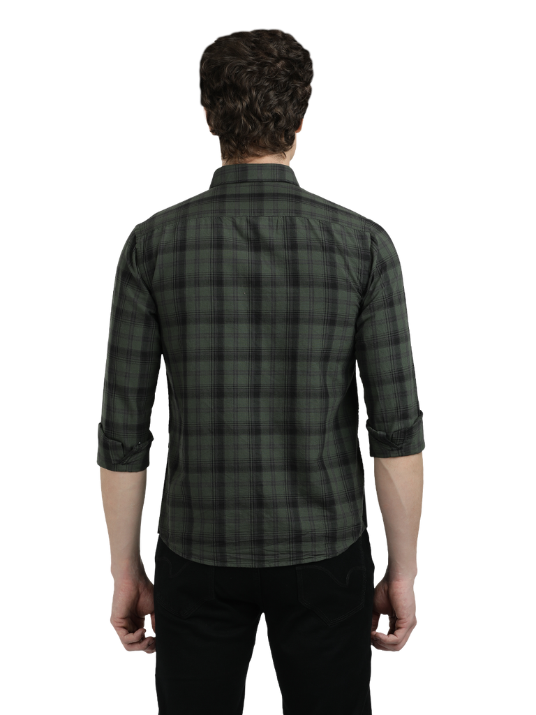 Model wearing Clarke Gable's Dark Green With Black Checked Semi Casual Shirt in a casual setting