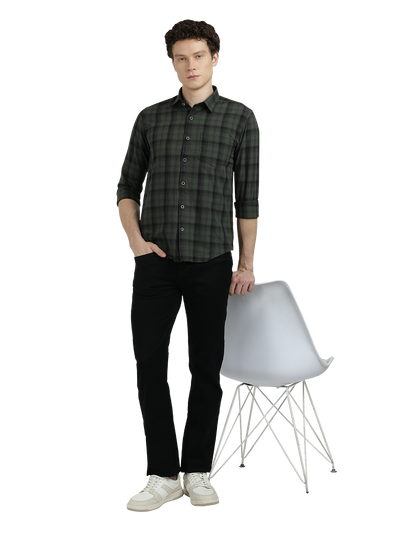 Model wearing Clarke Gable's Dark Green With Black Checked Semi Casual Shirt in a casual setting
