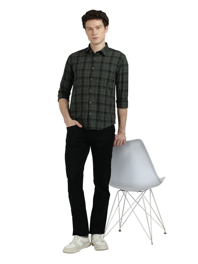 Model wearing Clarke Gable's Dark Green With Black Checked Semi Casual Shirt in a casual setting