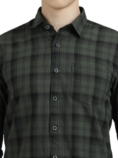 Model wearing Clarke Gable's Dark Green With Black Checked Semi Casual Shirt in a casual setting