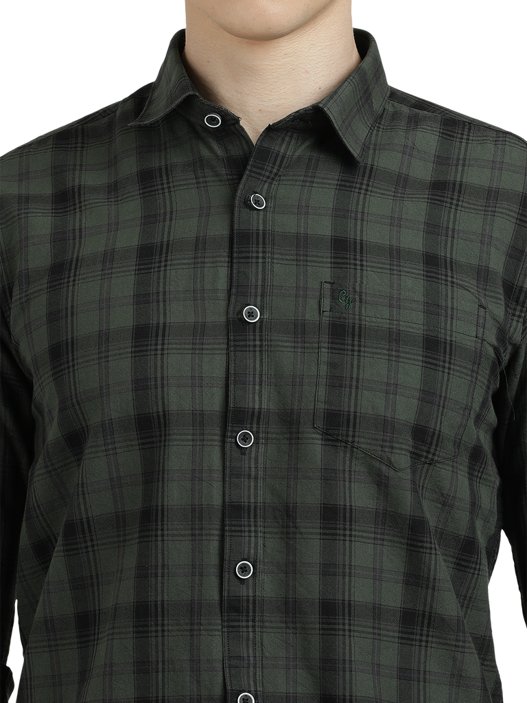 Model wearing Clarke Gable's Dark Green With Black Checked Semi Casual Shirt in a casual setting