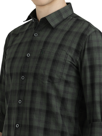 Model wearing Clarke Gable's Dark Green With Black Checked Semi Casual Shirt in a casual setting