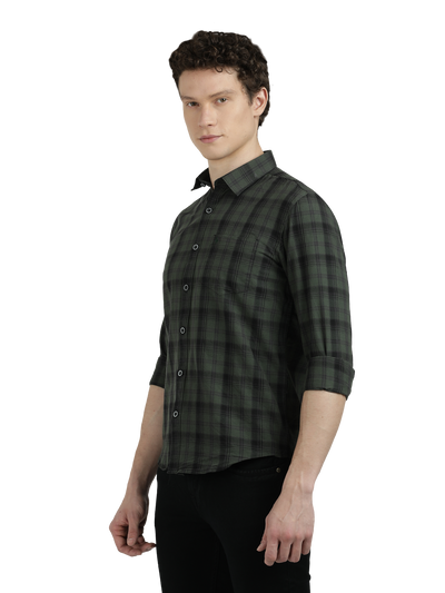 Model wearing Clarke Gable's Dark Green With Black Checked Semi Casual Shirt in a casual setting