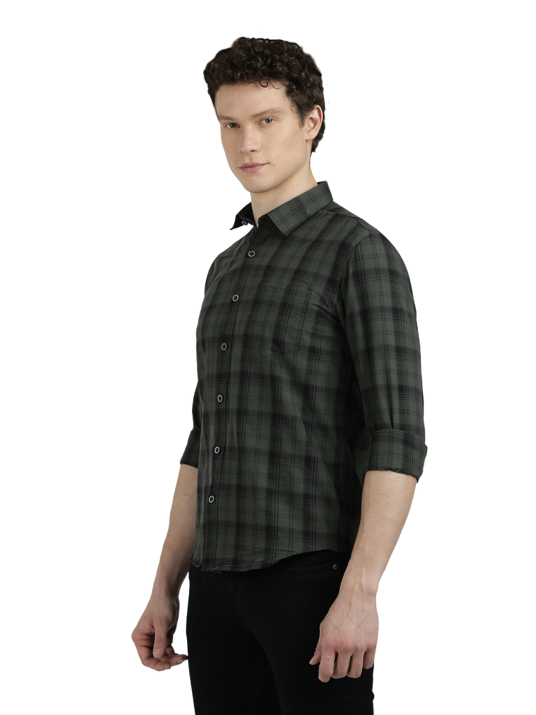 Model wearing Clarke Gable's Dark Green With Black Checked Semi Casual Shirt in a casual setting