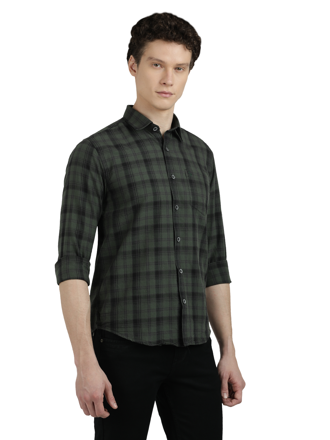 Model wearing Clarke Gable's Dark Green With Black Checked Semi Casual Shirt in a casual setting