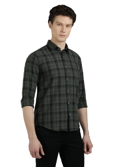 Model wearing Clarke Gable's Dark Green With Black Checked Semi Casual Shirt in a casual setting