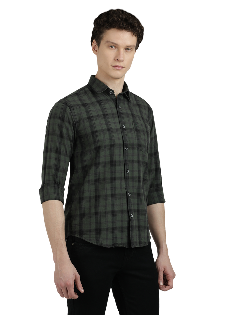 Model wearing Clarke Gable's Dark Green With Black Checked Semi Casual Shirt in a casual setting