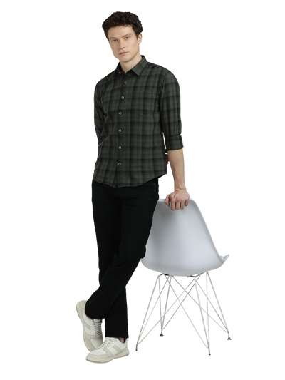 Model wearing Clarke Gable's Dark Green With Black Checked Semi Casual Shirt in a casual setting