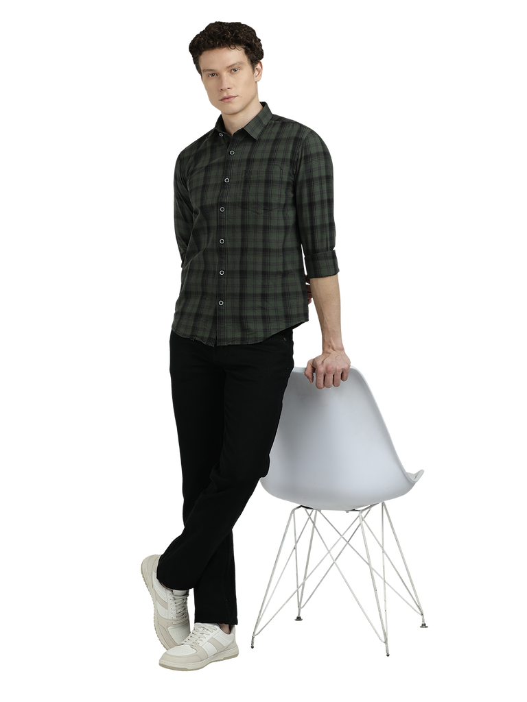 Model wearing Clarke Gable's Dark Green With Black Checked Semi Casual Shirt in a casual setting