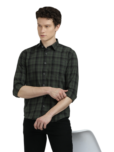 Model wearing Clarke Gable's Dark Green With Black Checked Semi Casual Shirt in a casual setting