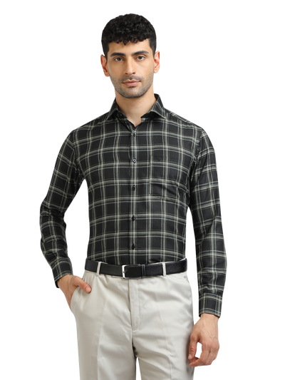 Model wearing Clarke Gable's Dark Green With White Checked Formal Shirt in a casual setting