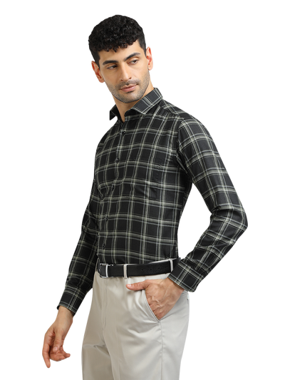 Model wearing Clarke Gable's Dark Green With White Checked Formal Shirt in a casual setting