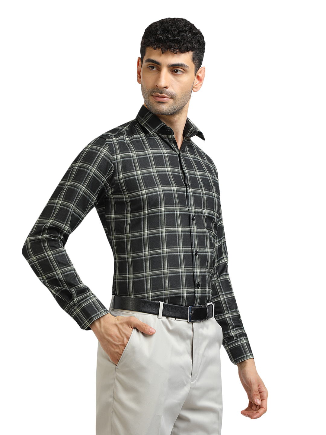 Model wearing Clarke Gable's Dark Green With White Checked Formal Shirt in a casual setting
