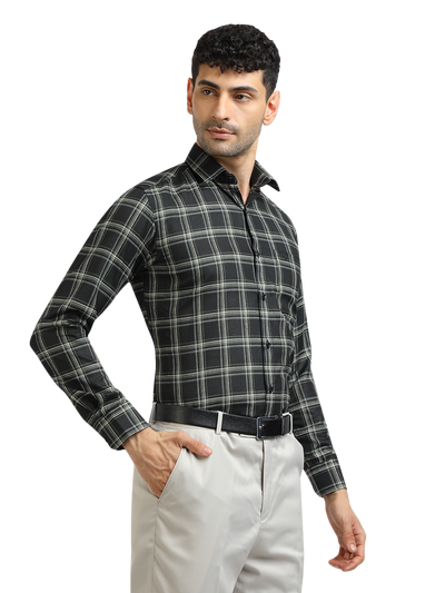 Model wearing Clarke Gable's Dark Green With White Checked Formal Shirt in a casual setting