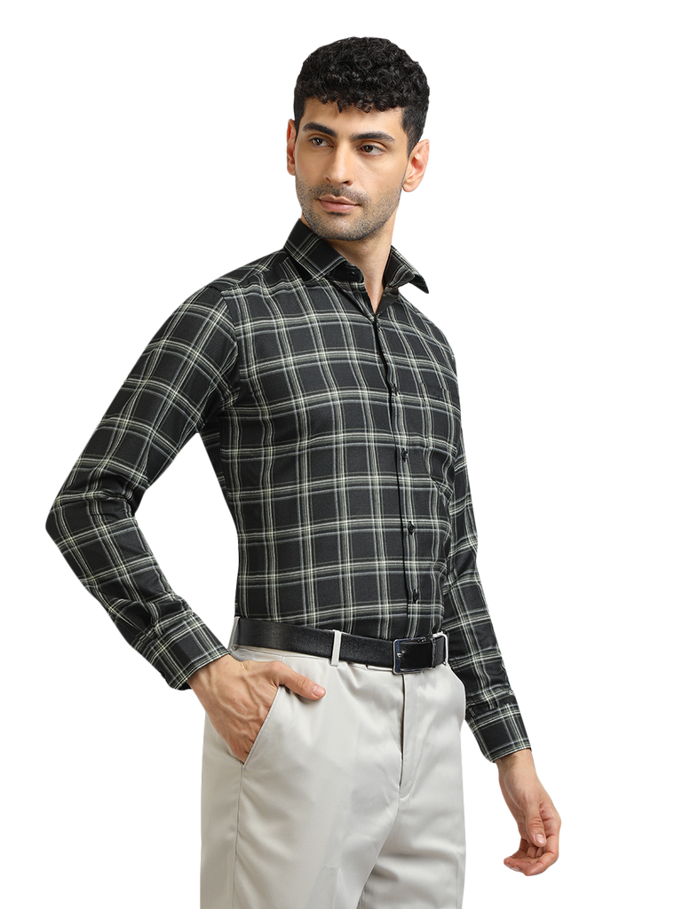 Model wearing Clarke Gable's Dark Green With White Checked Formal Shirt in a casual setting