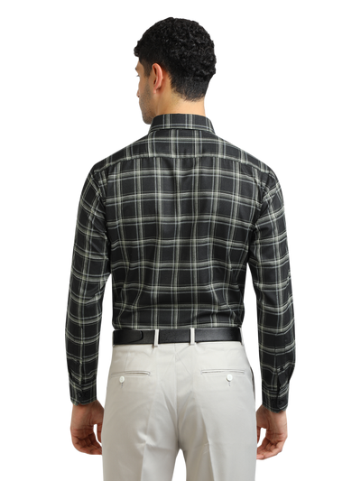 Model wearing Clarke Gable's Dark Green With White Checked Formal Shirt in a casual setting