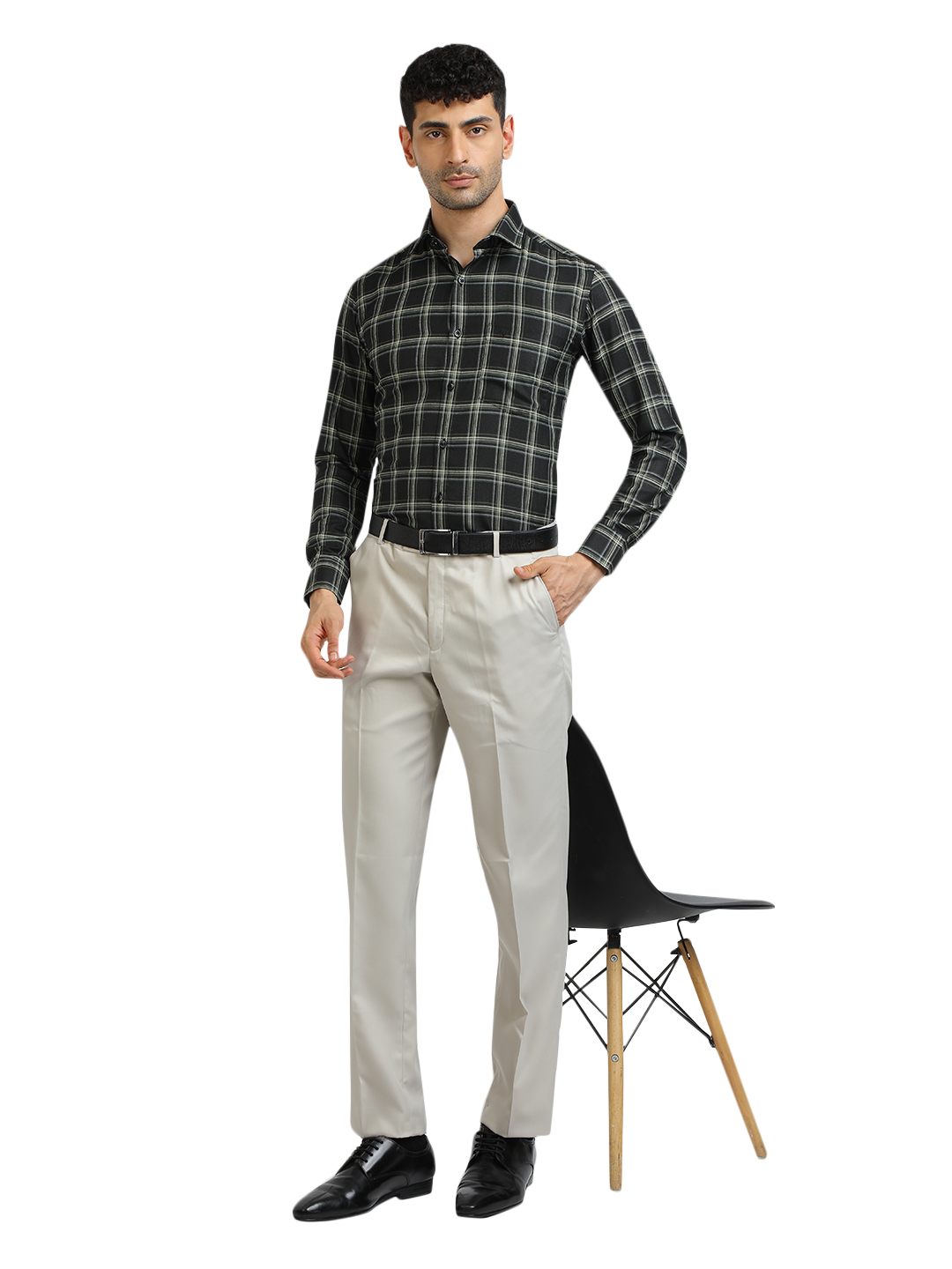 Model wearing Clarke Gable's Dark Green With White Checked Formal Shirt in a casual setting