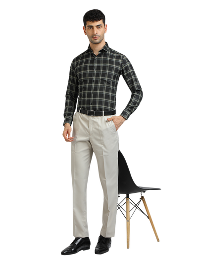 Model wearing Clarke Gable's Dark Green With White Checked Formal Shirt in a casual setting