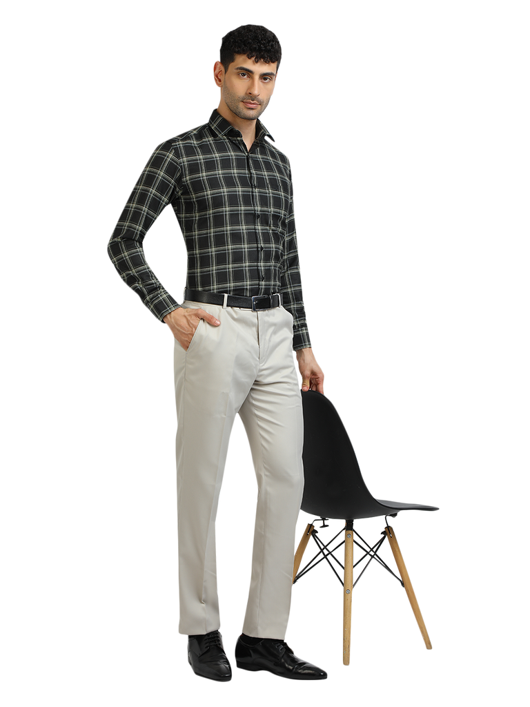Model wearing Clarke Gable's Dark Green With White Checked Formal Shirt in a casual setting