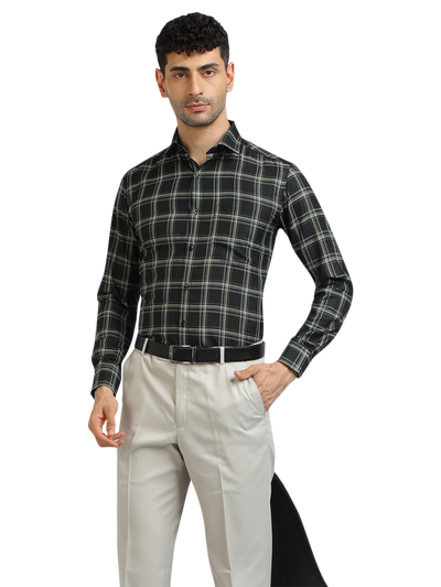 Model wearing Clarke Gable's Dark Green With White Checked Formal Shirt in a casual setting