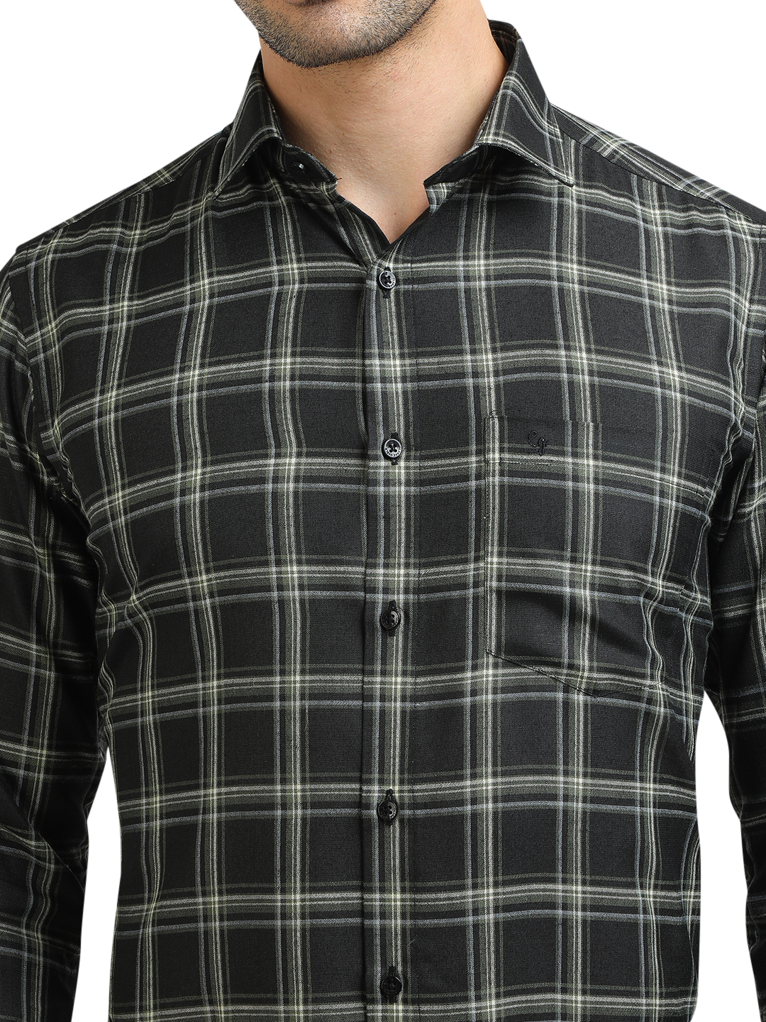 Model wearing Clarke Gable's Dark Green With White Checked Formal Shirt in a casual setting