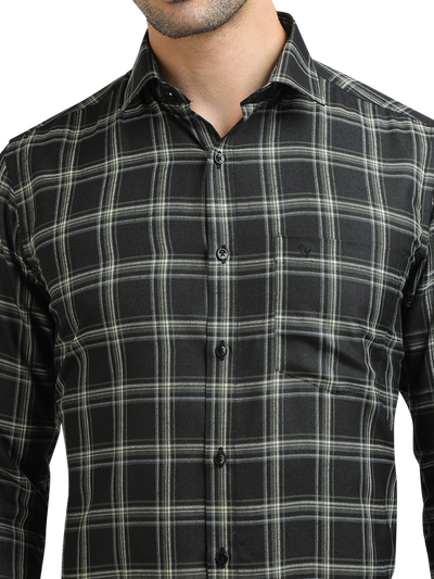 Model wearing Clarke Gable's Dark Green With White Checked Formal Shirt in a casual setting
