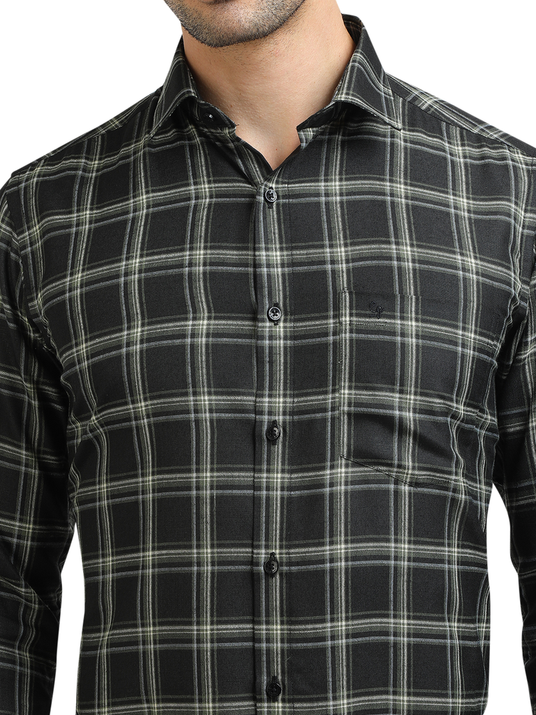 Model wearing Clarke Gable's Dark Green With White Checked Formal Shirt in a casual setting